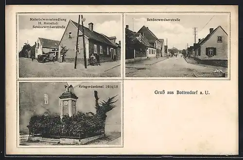 AK Bottendorf a. U., Materialwarenhandlung H. Marschall in der Schönewerdaerstrasse, Kriegerdenkmal 1914-18