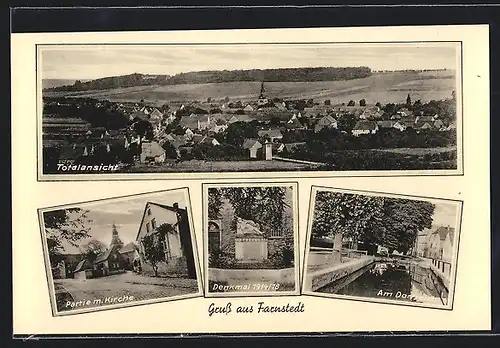 AK Farnstedt, Totalansicht, Partie mit Kirche, Denkmal 1914 /18, am Dorfteich
