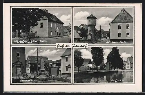 AK Jüdendorf, Gasthof zum blauen Stern, Denkmal-Platz mit Turm