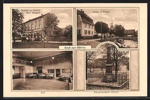 AK Göhritz, Gasthof zu Göhritz, Inneres Saal, Kriegerdenkmal 1914-18