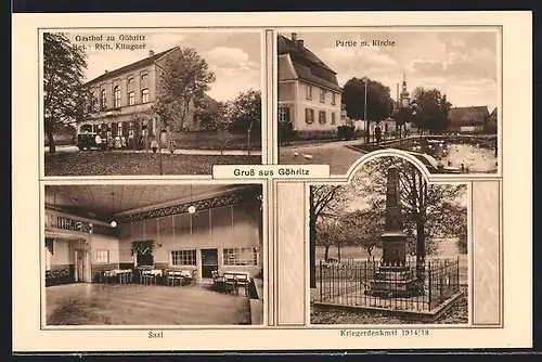 AK Göhritz, Gasthof zu Göhritz, Inneres Saal, Kriegerdenkmal 1914-18