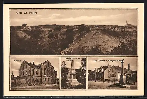 AK Steigra, Gasthof, Neue Schule und Kriegerdenkmal, Teilansicht