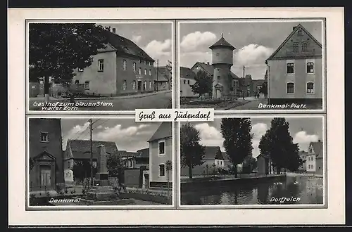 AK Jüdendorf, Gasthof zum blauen Stern, Denkmal-Platz mit Turm