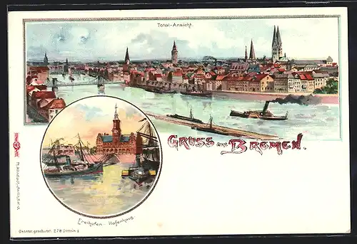 Lithographie Bremen, Hafenhaus am Freihafen, Gesamtansicht