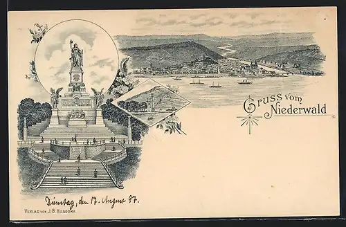 Lithographie Rüdesheim / Rh., Nationaldenkmal, Rheinpartie mit Schiffen