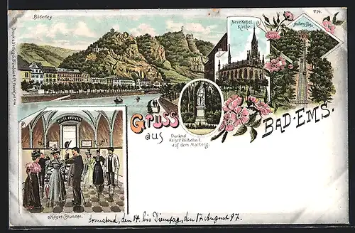 Lithographie Bad Ems, Malberg Bahn und Kaiser Wilhelm I Denkmal auf dem Malberg