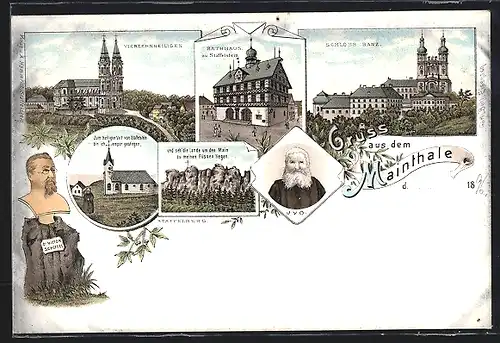 Lithographie Staffelstein, Rathaus, Vierzehnheiligen, Schloss Banz