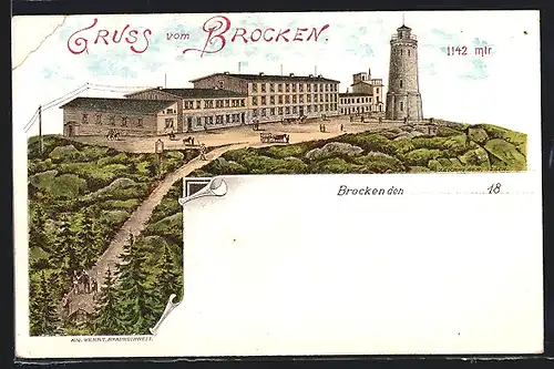 Lithographie Brocken, Ansicht des Berggipfels in 1142 Metern Höhe