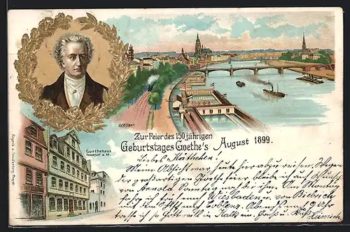 Lithographie Alt-Frankfurt, zur Feier des 150. Geburtstag von Goethe, Blick auf den Main, Goethehaus