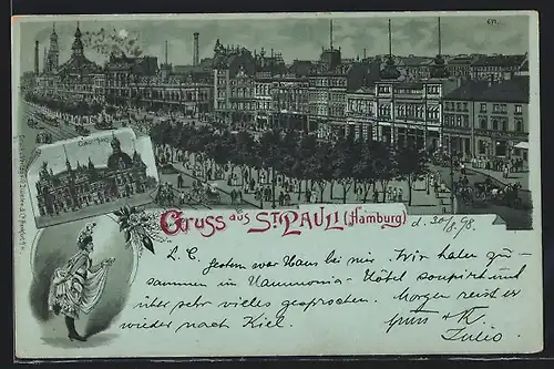 Lithographie Hamburg-St. Pauli, Ortsansicht mit Concerthaus