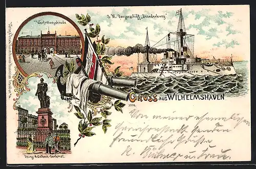 Lithographie Wilhelmshaven, Panzerschiff Brandenburg, Werftthorgebäude