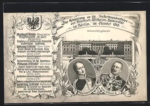 AK Berlin, Jahrhundertfeier der Friedrich-Wilhelms-Universität 1910, Gebäude, Programm, Portraits von Kaiser und König