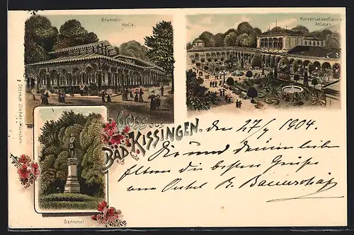 Lithographie Bad Kissingen, Brunnen-Halle, Konversationshaus, Denkmal