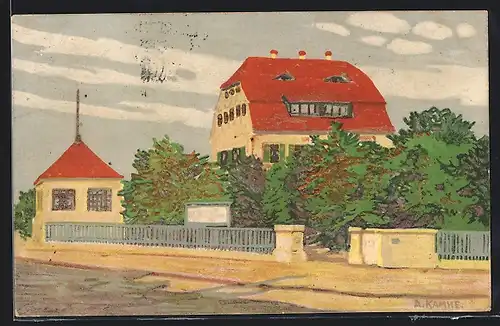 AK Dresden-Hellerau, Gartenstadt entworfen von Architekt Riemerschmid, Partie an der Waldschänke