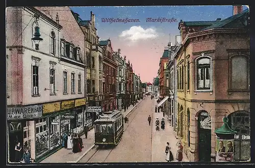 AK Wilhelmshaven, Blick auf die Markthalle mit Strassenbahn