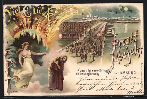 Lithographie Hamburg-Neustadt, Neujahrsnacht auf dem Jungfernstieg