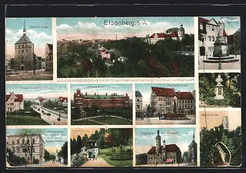 AK Eisenberg / S.-A., Stadtkirche, Kriegerdenkmal, Mohrenbrunnen, Marktplatz mit Rathaus, Geyers Garten