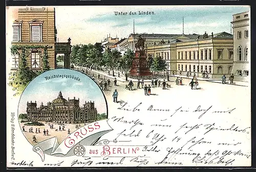 Lithographie Berlin, Unter den Linden mit Kaiser-Friedrich-III-Denkmal, Reichstagsgebäude