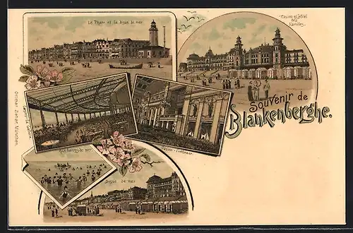 Lithographie Blankenberghe, le Phare et la digue de mer, Casino et Hotel des Familles