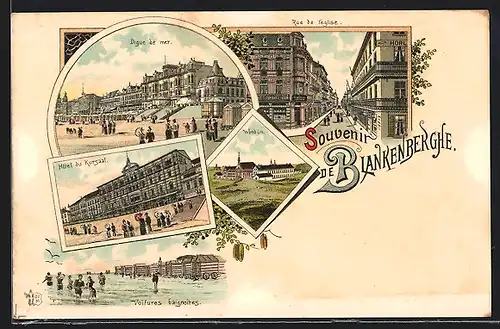 Lithographie Blankenberghe, Digue de mer, Rue de l`Eglise, Hotel du Kursaal