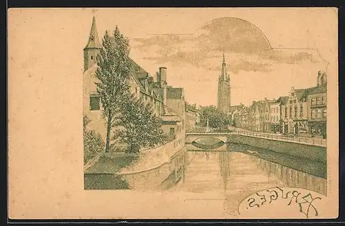 Lithographie Bruges, Quai du Rosaire