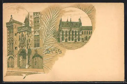 Lithographie Bruges, Bibliotheque Publique, Hôtel de Ville