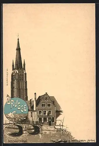 Lithographie Bruges, Begijnhof`s Brug