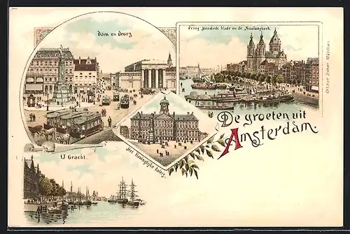 Lithographie Amsterdam, Dam en Beurf, Prins Hendrik Kade en St. Nicolaaskerk