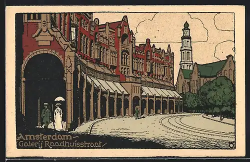 Steindruck-AK Amsterdam, Galerij Raadhuisstraat, Rathausstrasse