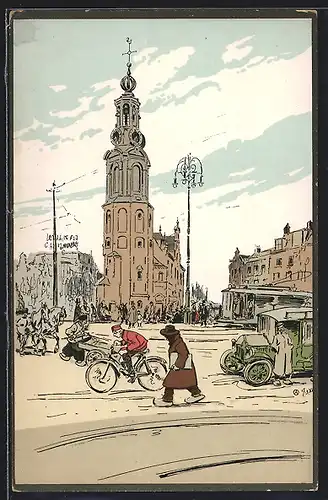 Künstler-AK A. Ost: Belebter Platz in Amsterdam