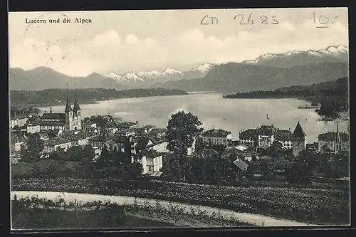 AK Luzern, Ortsansicht gegen die Alpen