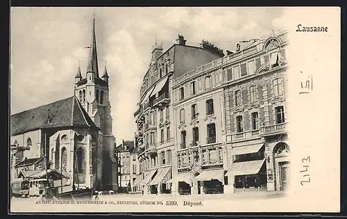 AK Lausanne, Strassenpartie mit Kirche und Strassenbahn