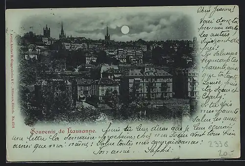 Mondschein-AK Lausanne, Ortsansicht bei Nacht