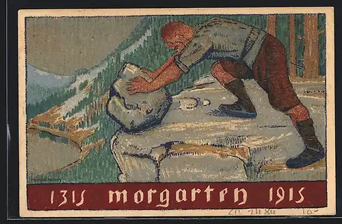 AK Mann rollt einen Stein über die Klippe, Schlacht von Morgarten 1315-1915, 600jähriges Jubiläum