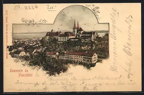 AK Neuchatel, Ortsansicht gegen die Berge
