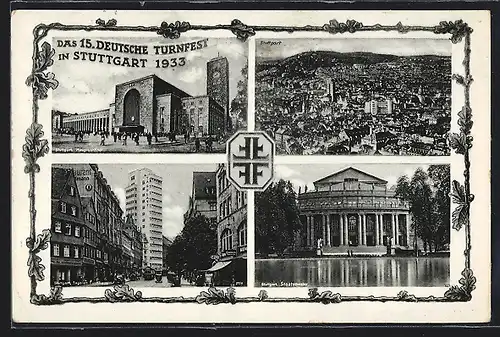 AK Stuttgart, 15. Deutsches Turnfest 1933, Hauptbahnhof, Strassenpartie mit Tagblatt Turmhaus