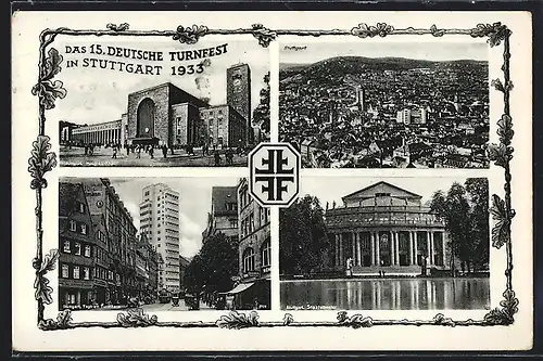AK Stuttgart, 15. Deutsches Turnfest 1933, Hauptbahnhof, Strassenpartie mit Tagblatt Turmhaus