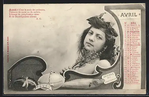 AK Frau mit einem Zweig, ein Fisch, Astrologiekalenderkarte für April