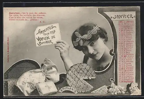 AK Frau mit Poster Acceptez tous mes voeux de bonheur, Astrologiekalenderkarte für Januar
