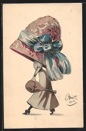 AK Dame mit übergrossem Hut und Lautengitarre, Mode