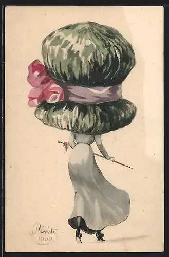 Künstler-AK Frau mit karikiert-übergrossem Hut mit Schleife, Mode