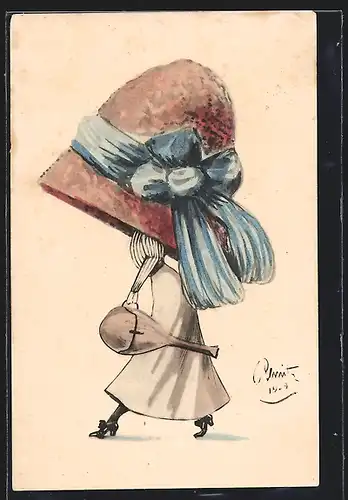 AK Dame mit übergrossem Hut und Lautengitarre, Mode