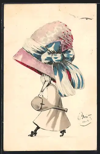 Künstler-AK Frau mit karikiert-übergrossem Hut und Lautenkoffer