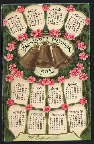 AK Neujahrsgruss, Glocken mit Kalender 1904