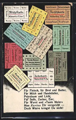 AK Butterkarte, Brot-Karte, Zuckerkarte, Kriegsnot