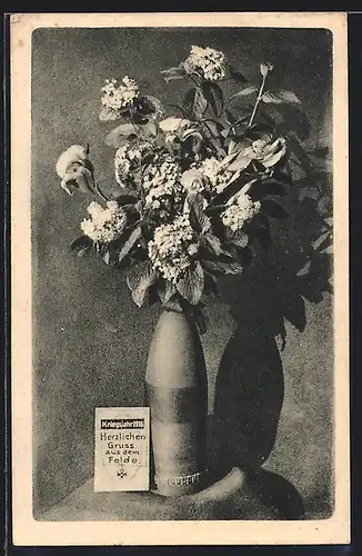 AK Blindgänger zu einer Vase umfunktioniert mit Widmung Herzlichen Gruss aus dem Felde 1916