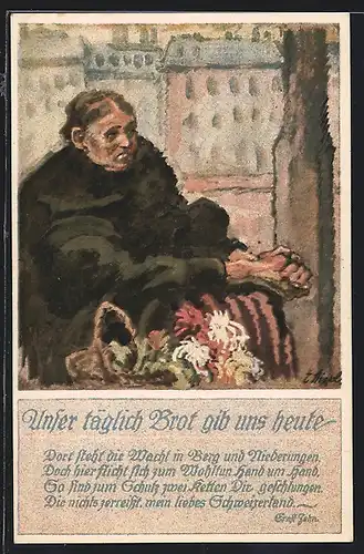 Künstler-AK Zürich, Bettelnde Frau am Strassenrand, Kriegsnot