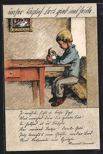 Künstler-AK Zürich, Kriegsnot-Unterstützung, kleiner Junge mit einem Stück trockenem Brot am Tisch