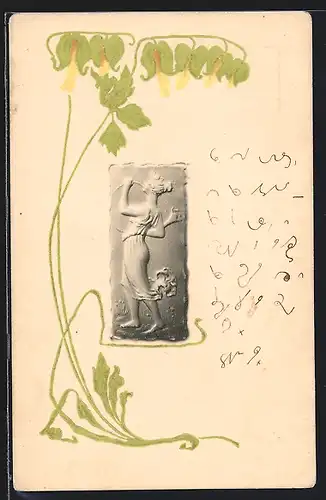 Präge-AK Frauenfigur mit Blütenkelch, Blumen, Jugendstil