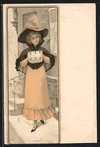 Künstler-AK Meissner & Buch (M&B) Nr., schönes Fräulein mit Muff und Hut vor einem Haus stehend, Jugendstil